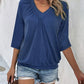 Ruched Heathered V-Neck Three-Quarter Sleeve T-Shirt