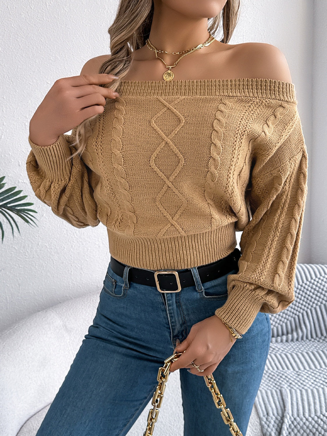 Cable Knit Off-Shoulder Long Sleeve Sweater