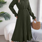 Pleated Half Button Long Sleeve Midi Dress