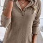 Quarter Button Round Neck Dropped Shoulder Knit Top