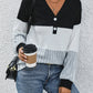 Ribbed Contrast V-Neck Long Sleeve T-Shirt