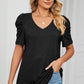Heathered V-Neck Puff Sleeve T-Shirt