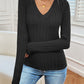 Ribbed V-Neck Long Sleeve T-Shirt