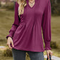 Ruched Notched Long Sleeve T-Shirt