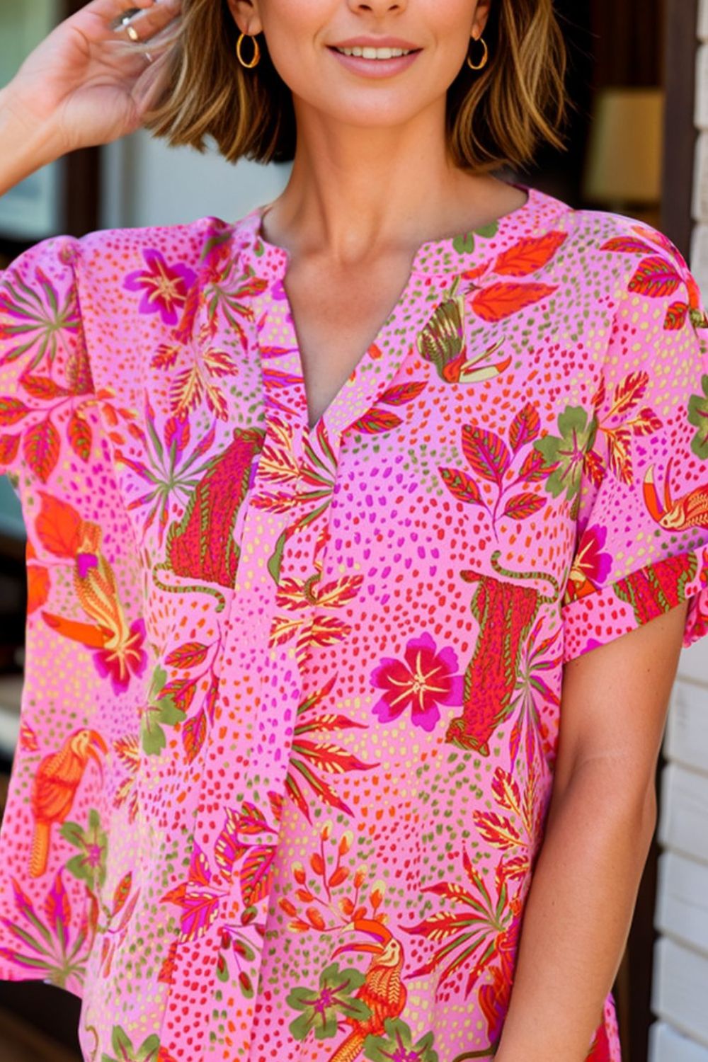 Printed Notched Short Sleeve Top