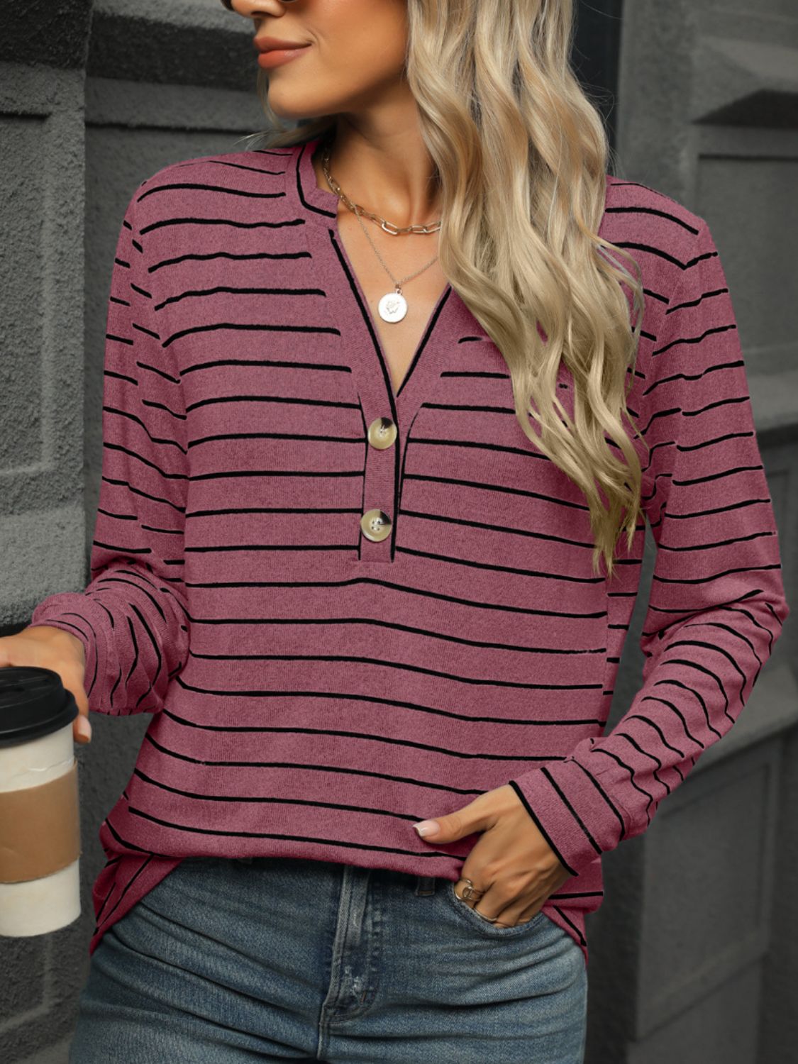 Striped Notched Long Sleeve T-Shirt