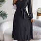 Pleated Tied V-Neck Long Sleeve Dress