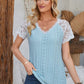 Eyelet V-Neck Lace Short Sleeve T-Shirt