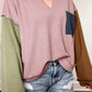 Color Block Textured Notched Long Sleeve Top