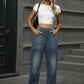 Half Elastic Waist Straight Leg Jeans