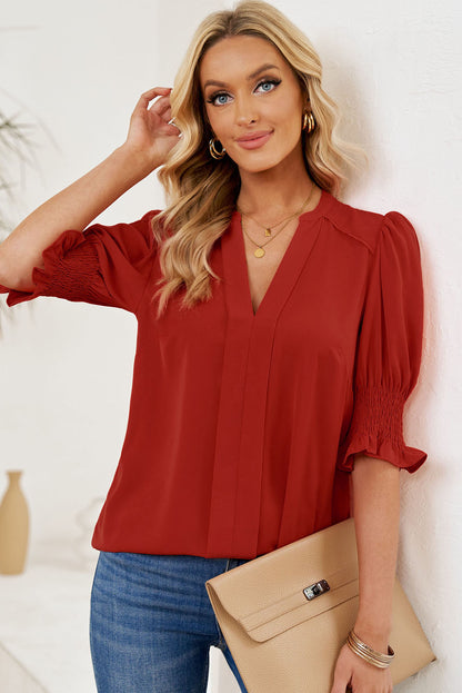 Smocked Flounce Sleeve Notched Neck Blouse - Michelle Francisco