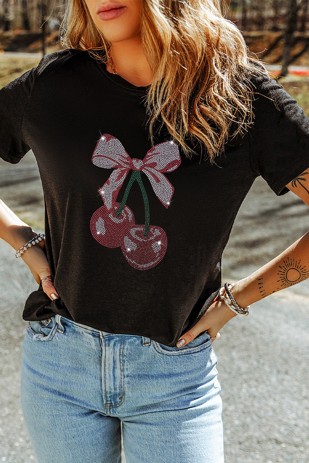 Cherry Graphic Round Neck Short Sleeve T-Shirt