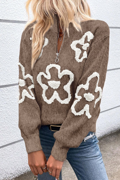Flower Half Zip Dropped Shoulder Sweater - Michelle Francisco