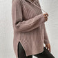 High-Low Side Slit Drawstring Long Sleeve Hooded Sweater