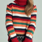 Contrast Stripes Turtleneck Long Sleeve Sweater