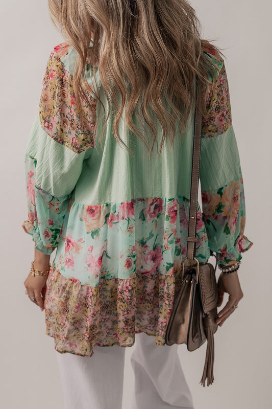 Floral Frill Trim Buttoned Notched Tiered Blouse