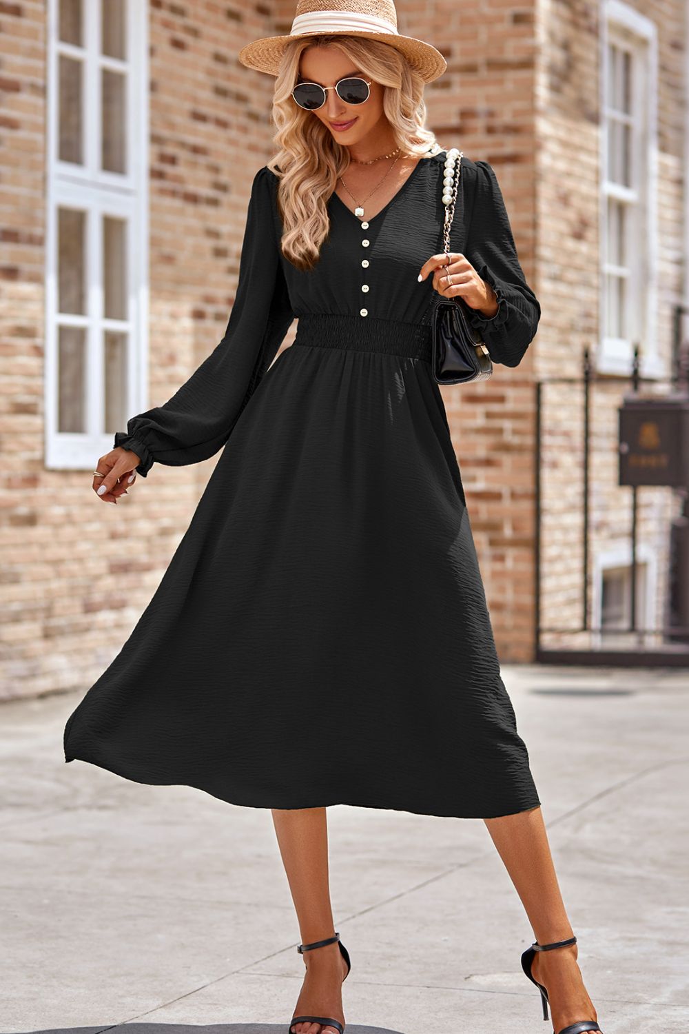 Smocked V-Neck Flounce Sleeve Midi Dress