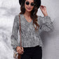 Ruched Printed V-Neck Long Sleeve Blouse