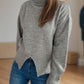 Front Slit Decorative Button Turtleneck Sweater