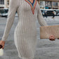 Contrast Detail V-Neck Long Sleeve Dress