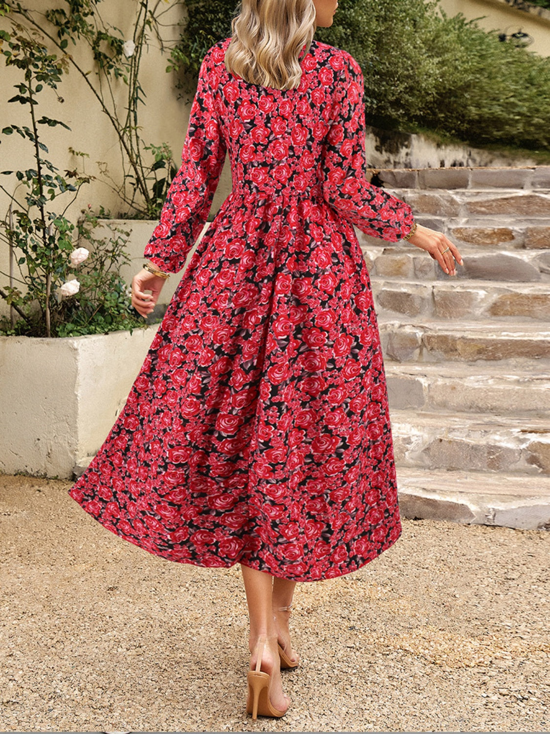 Floral V-Neck Long Sleeve Midi Dress