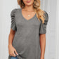 Heathered V-Neck Puff Sleeve T-Shirt