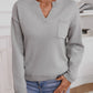 Pocketed Notched Long Sleeve Knit Top