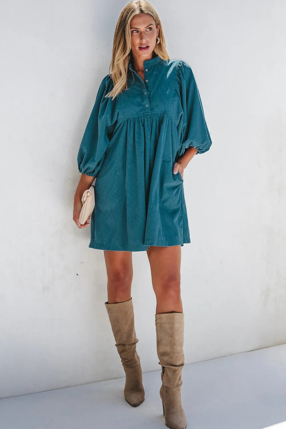 Quarter Snap Three-Quarter Sleeve Dress with Pockets