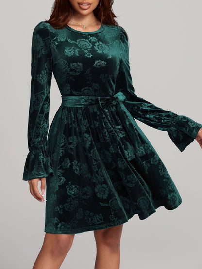 Tied Flower Print Round Neck Flounce Sleeve Dress