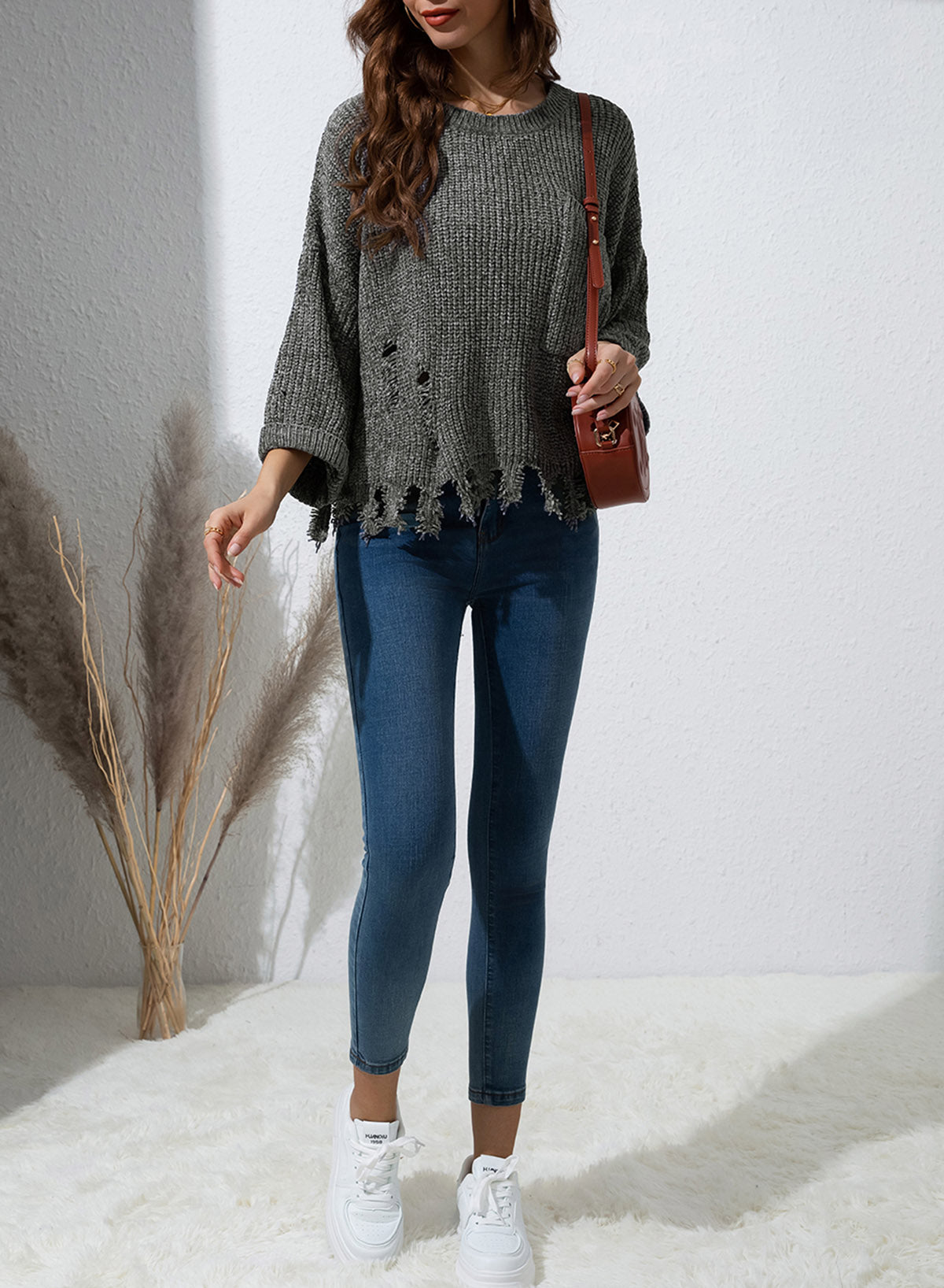 Distressed Round Neck Drop Shoulder Sweater