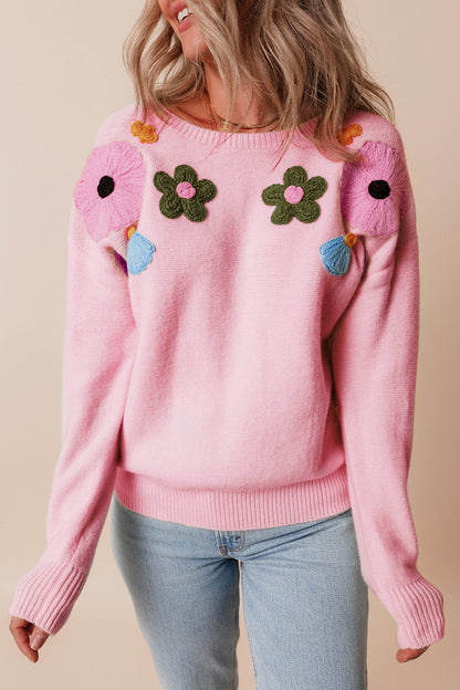 Crochet Flower Round Neck Dropped Shoulder Sweater - Michelle Francisco
