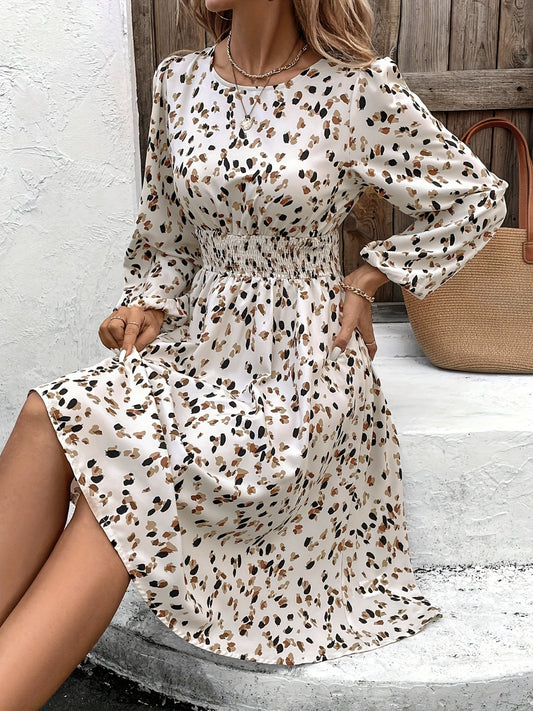 Printed Round Neck Long Sleeve Dress