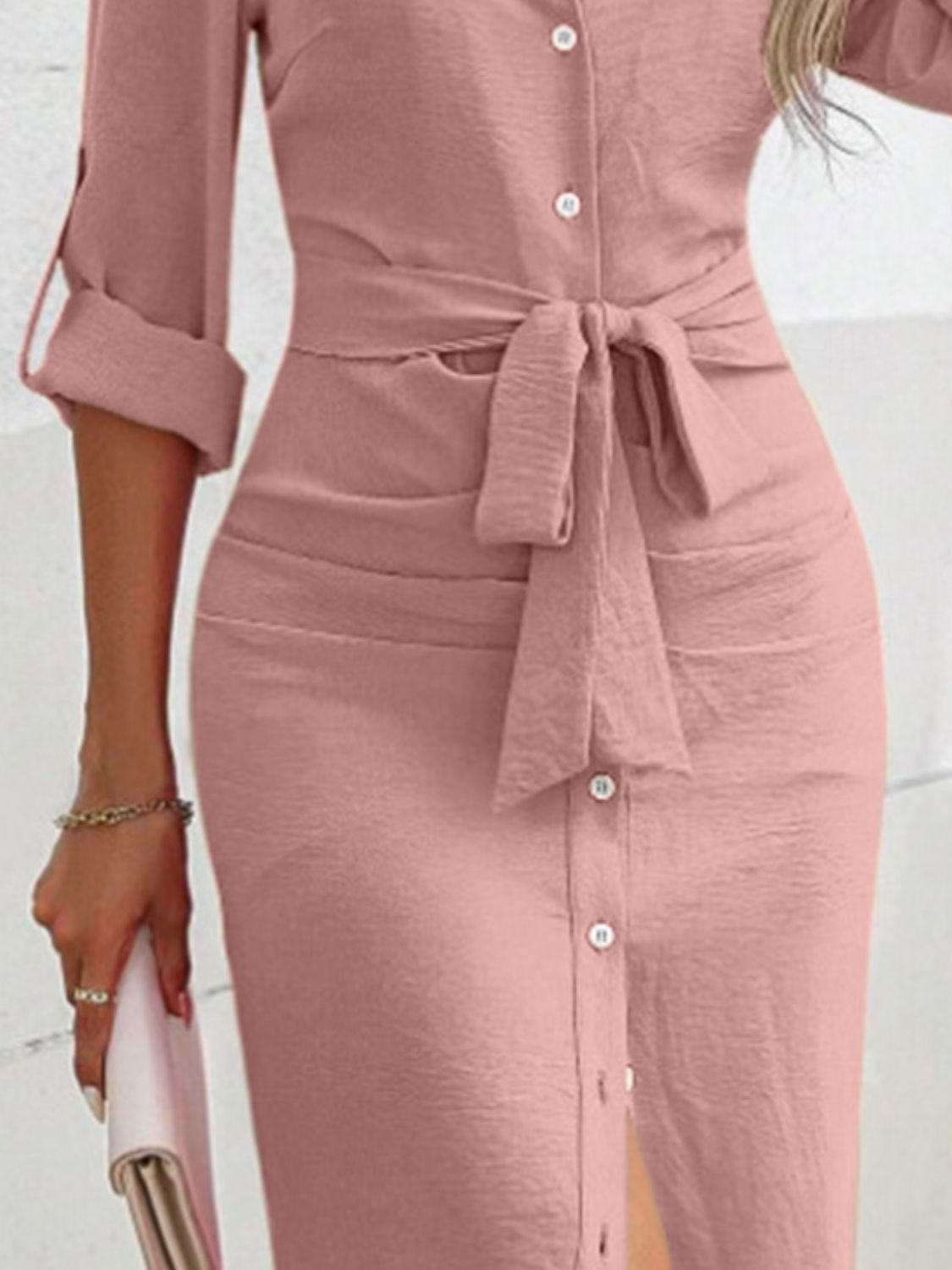 Tied Button Up Collared Neck Roll-Tab Sleeve Dress