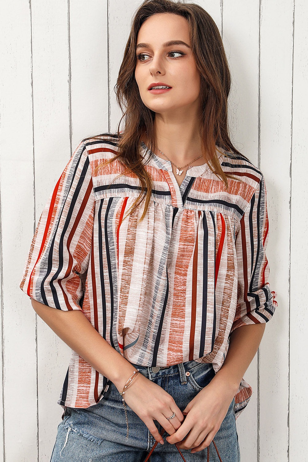 Multicolored Stripe Notched Neck Top