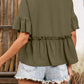 Frill Decorative Button Round Neck Half Sleeve Blouse