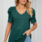 Heathered V-Neck Puff Sleeve T-Shirt