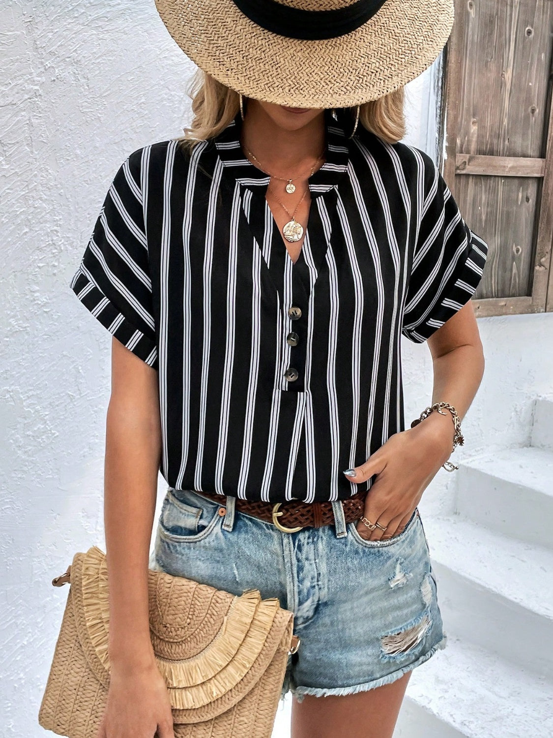 Striped Notched Short Sleeve Blouse