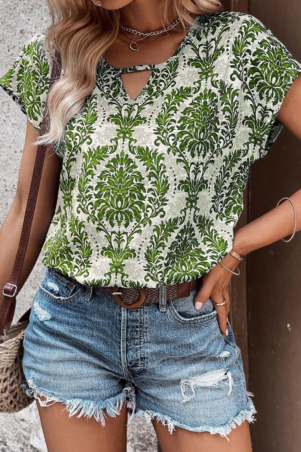 Cutout Printed Short Sleeve Blouse