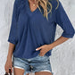 Ruched Heathered V-Neck Three-Quarter Sleeve T-Shirt