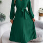 Pleated Tied V-Neck Long Sleeve Dress