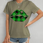 Plaid Lip Graphic Round Neck T-Shirt