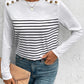 Decorative Button Striped Round Neck Long Sleeve T-Shirt