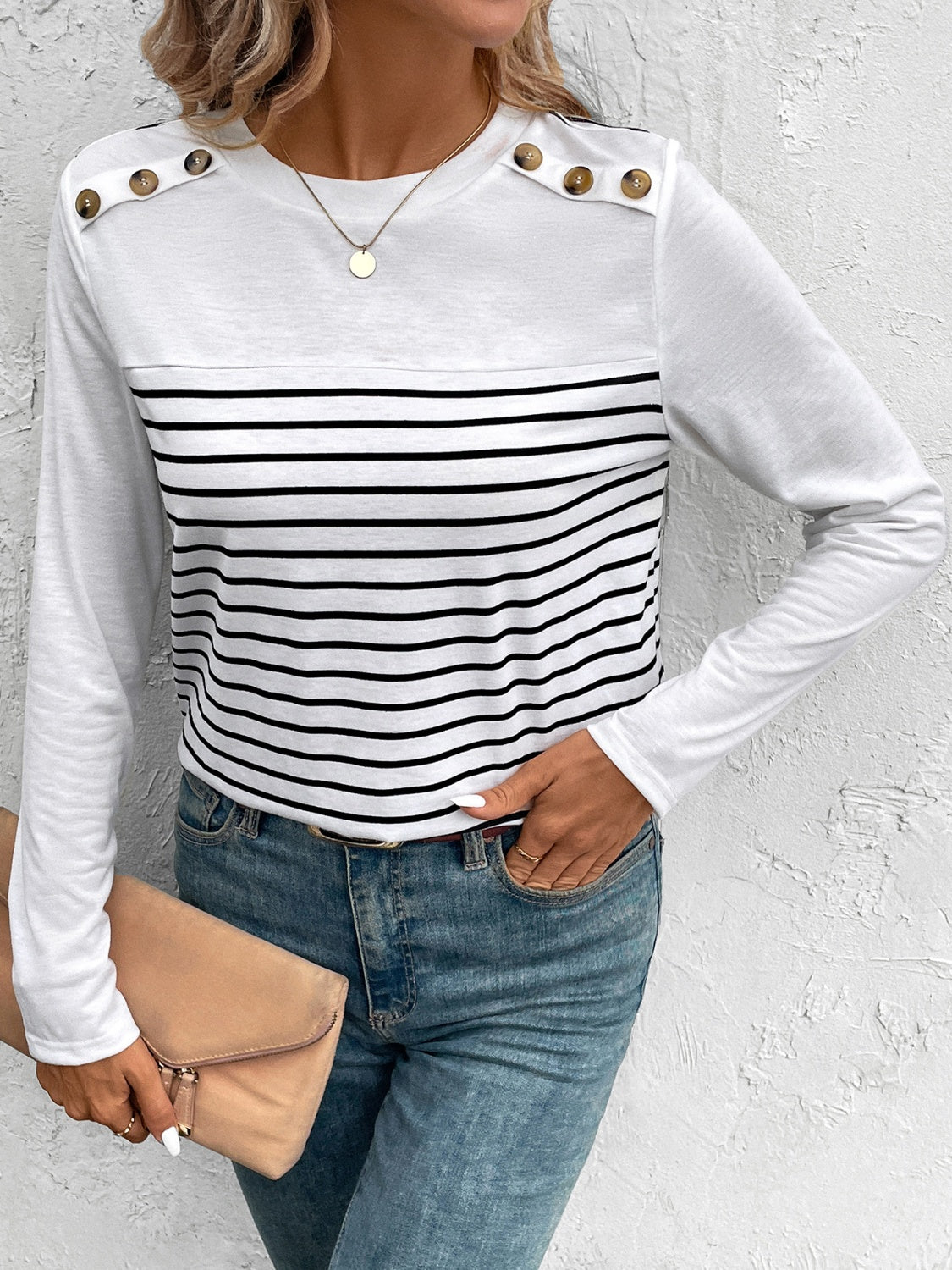 Decorative Button Striped Round Neck Long Sleeve T-Shirt