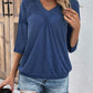 Ruched Heathered V-Neck Three-Quarter Sleeve T-Shirt