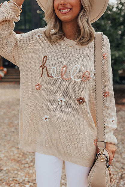 HELLO Flower Round Neck Long Sleeve Sweater