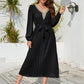 V-Neck Long Sleeve Pleated Dress