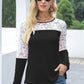 Waffle-Knit Lace Round Neck Long Sleeve T-Shirt