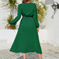 V-Neck Long Sleeve Pleated Dress