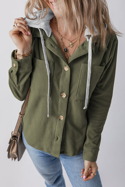 Drawstring Button Up Long Sleeve Hooded Jacket - Michelle Francisco