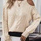 Cable Knit Round Neck Cold Shoulder Sweater